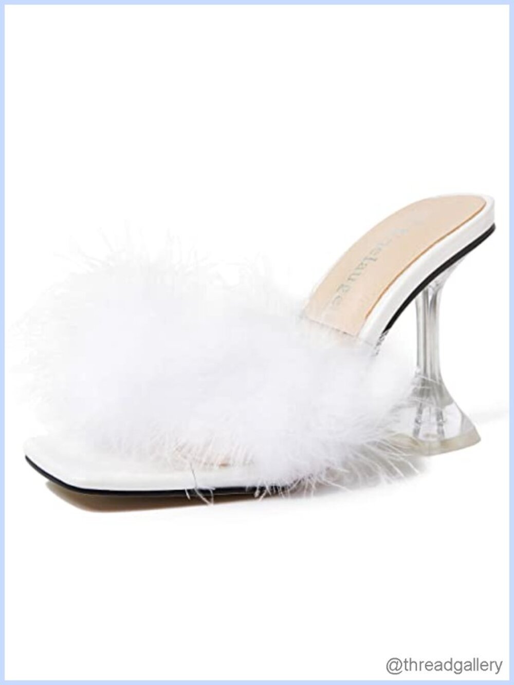 Faux Leather Fluffy Feather High Heeled Mules Square Toe Slip On Heeled Sandals